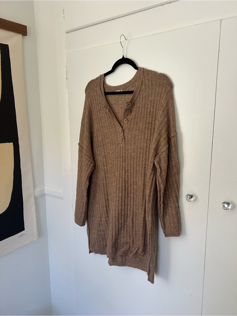 Free People Ribbed V-Neck Henley Sweater Tunic in Brown